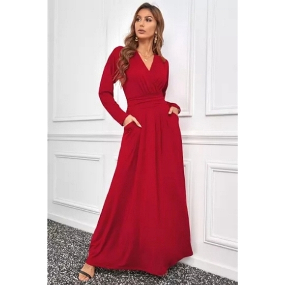 LAST ONE! Plus Size VANESSA Red Wrap V-Neck Pleated Maxi Dress